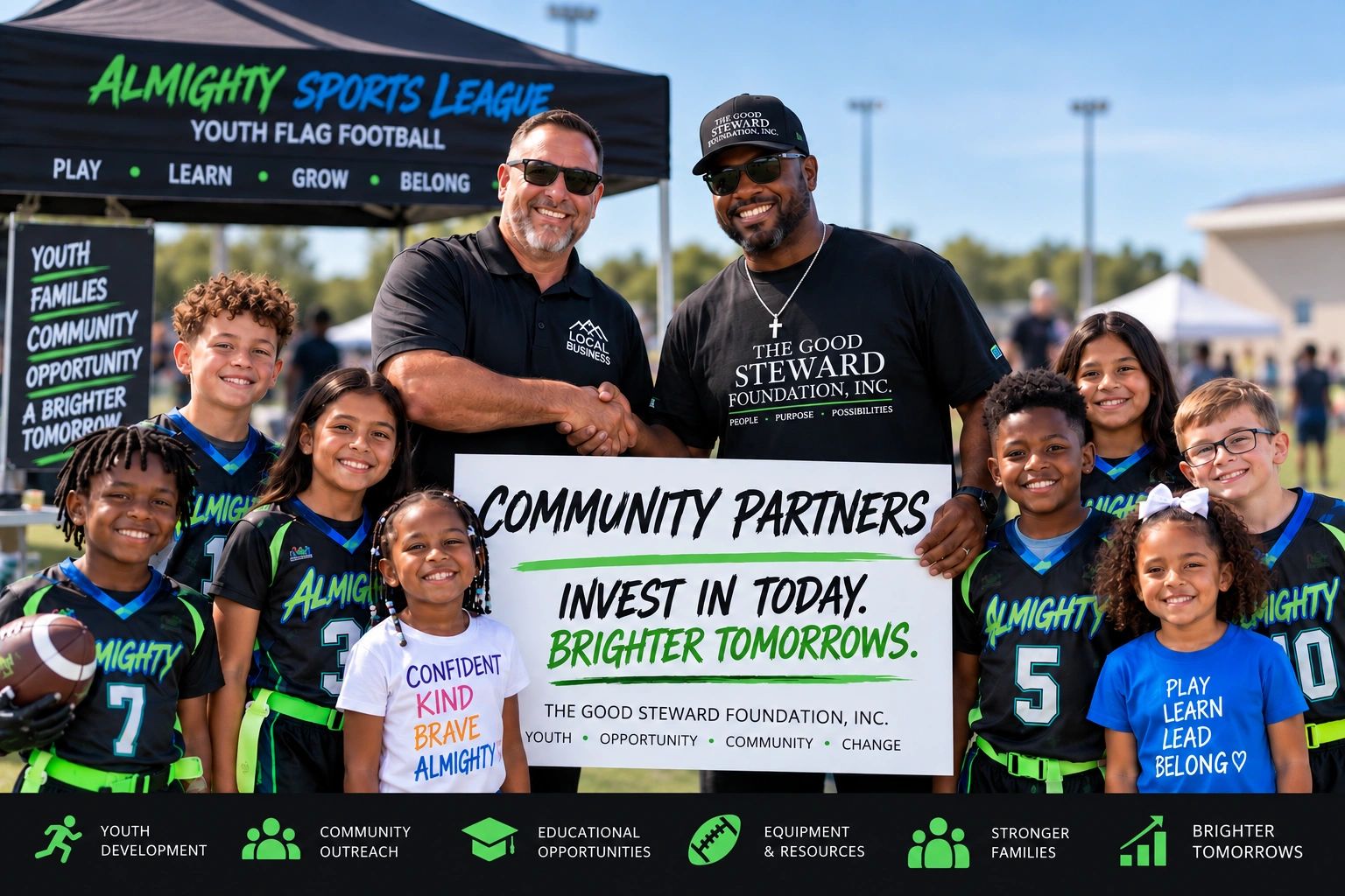 Community youth flag football team promoting partnership and brighter tomorrows.
