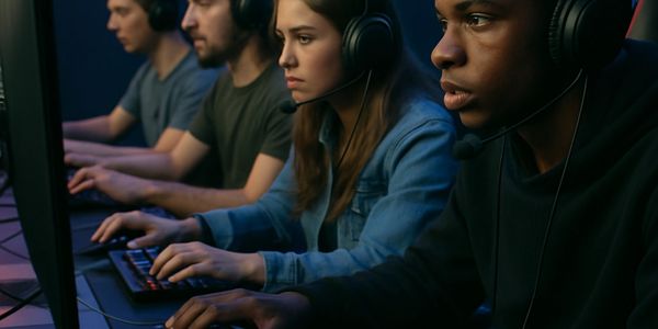 A focused group of gamers wearing headsets playing at their computers.