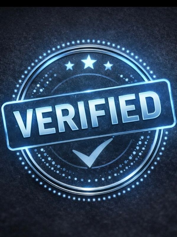 Glowing blue verified stamp with stars and checkmark.