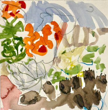 Abstract watercolor with orange, green, brown, and blue shapes and lines. art gallery evanston 
evanston art galleries
art galleries evanston 
the grove gallery