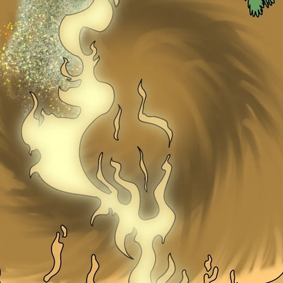 Abstract golden flames with sparkling particles on a brown background.