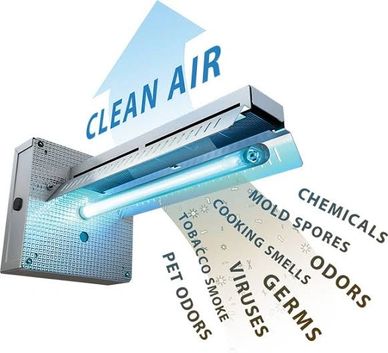 Air purifier releasing clean air by removing odors, germs, and chemicals.