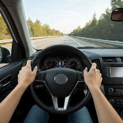 Person driving a car on a highway surrounded by trees.