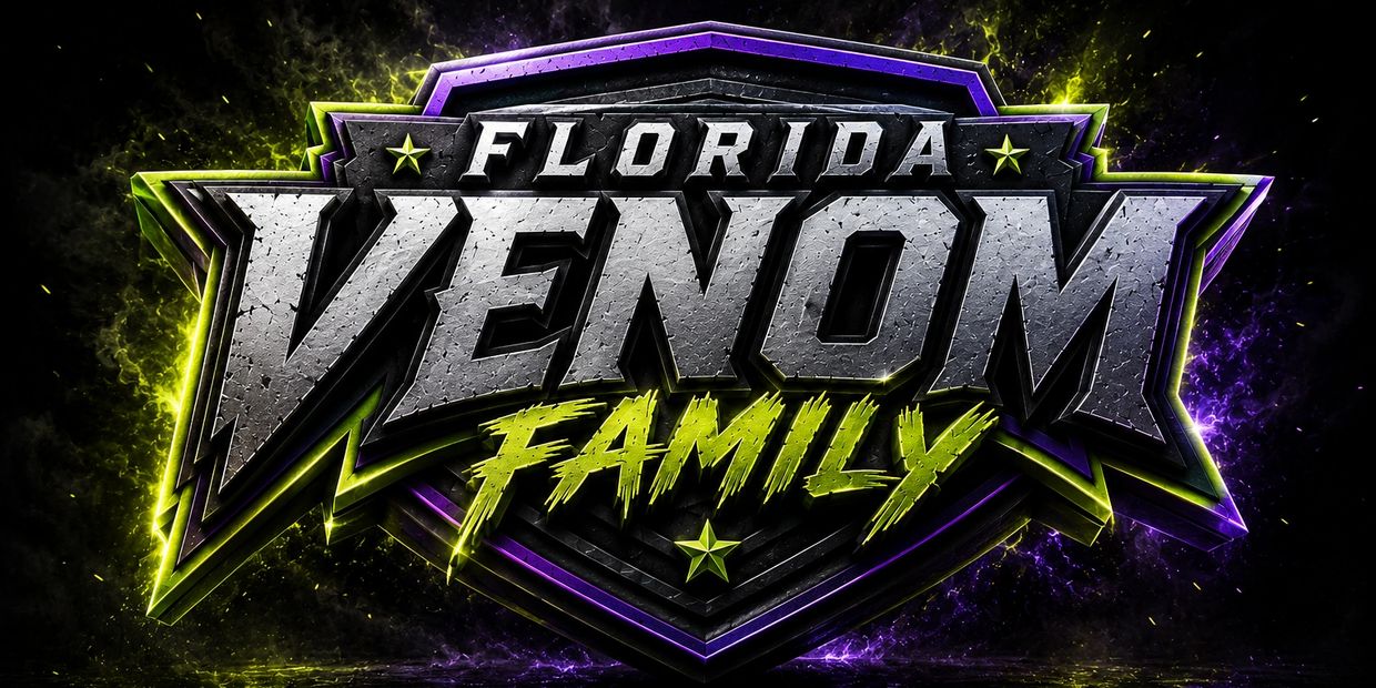 Bold logo of Florida Venom Family with metallic and neon effects.