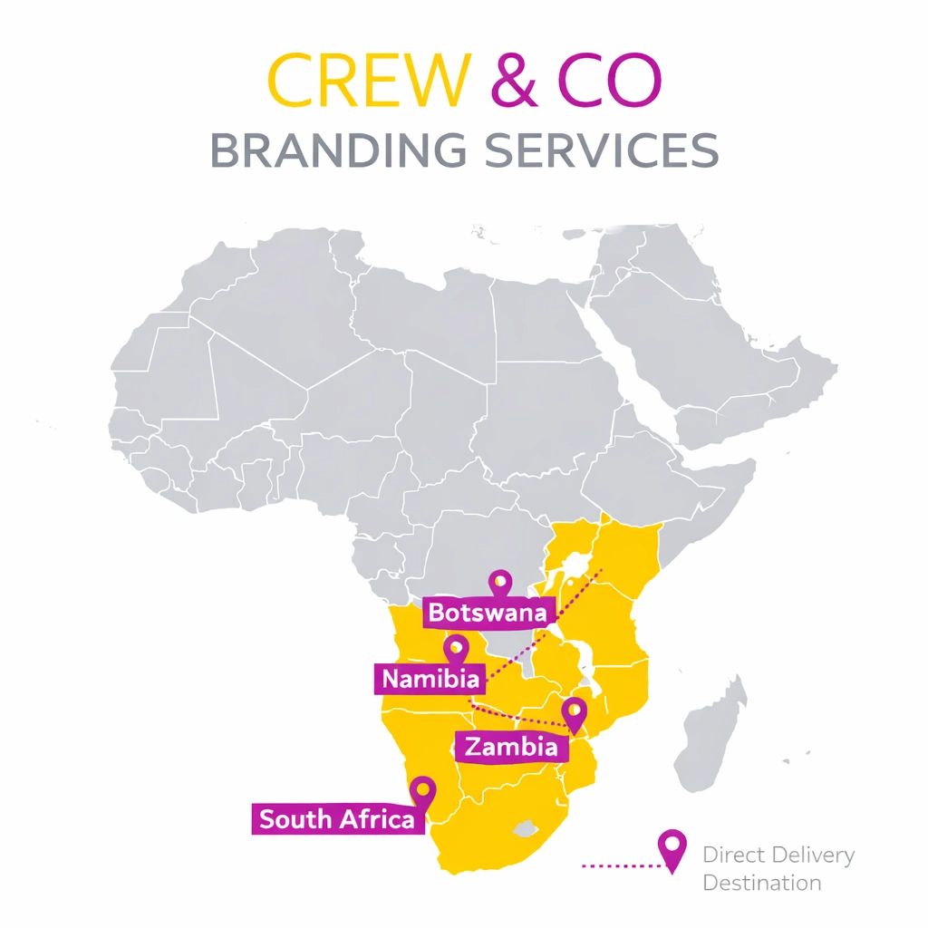 Map highlighting Crew & Co branding service locations in southern Africa.