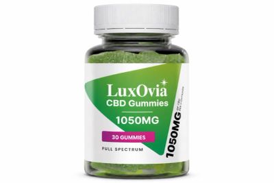 LuxOvia CBD Gummies bottle containing 1050mg full spectrum gummies.