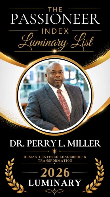 Dr. Perry Miller in grey suit and white dress shirt in headshot for PASSIONEER Index, 2026 Luminary