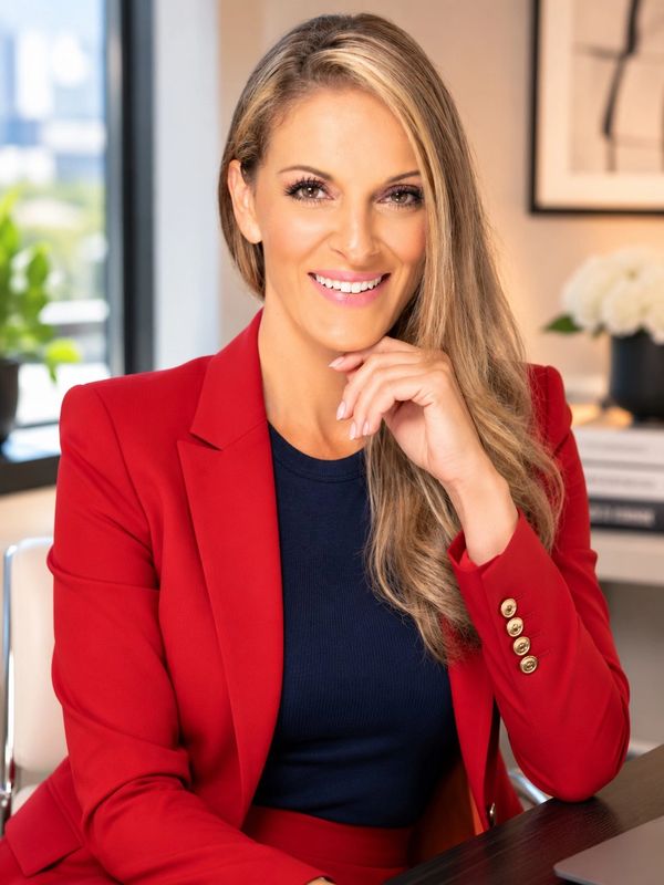 GALINA SLAVOVA in red blazer in office