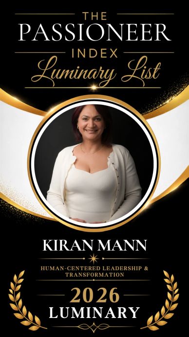 Kiran Mann wearing a white dress in headshot for PASSIONEER Index, 2026 Luminary recognition