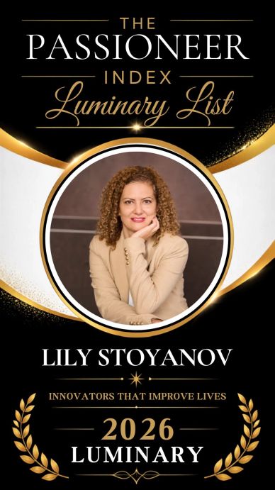 Lily Stoyanov in beige suit, curly hair, head on hand in headshot for PASSIONEER Index, 2026 Luminar