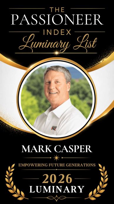Mark Casper in white polo company shirt grey hair with outside background in headshot for PASSIONEER