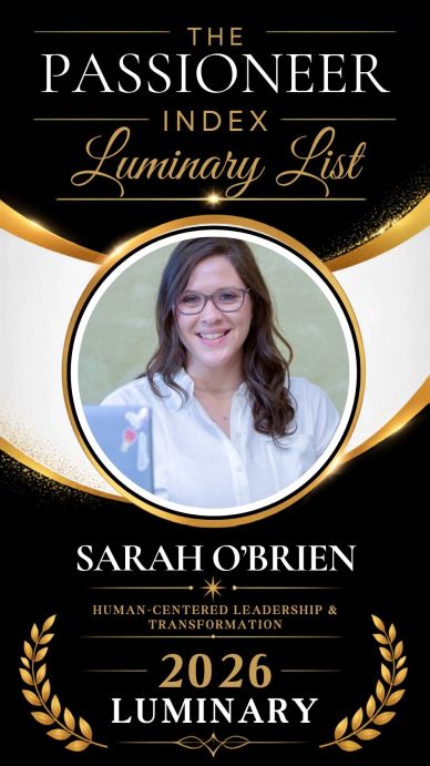 Sarah O'Brien white dress shirt in headshot for PASSIONEER Index, 2026 Luminary recognition