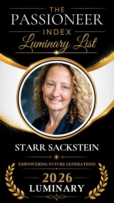 Starr Sackstein in blue suit with curly blind hair looking off to the side in headshot for PASSIONEE