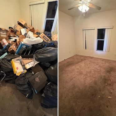 Before and after room cleanup showing a cluttered space and a clean empty room.