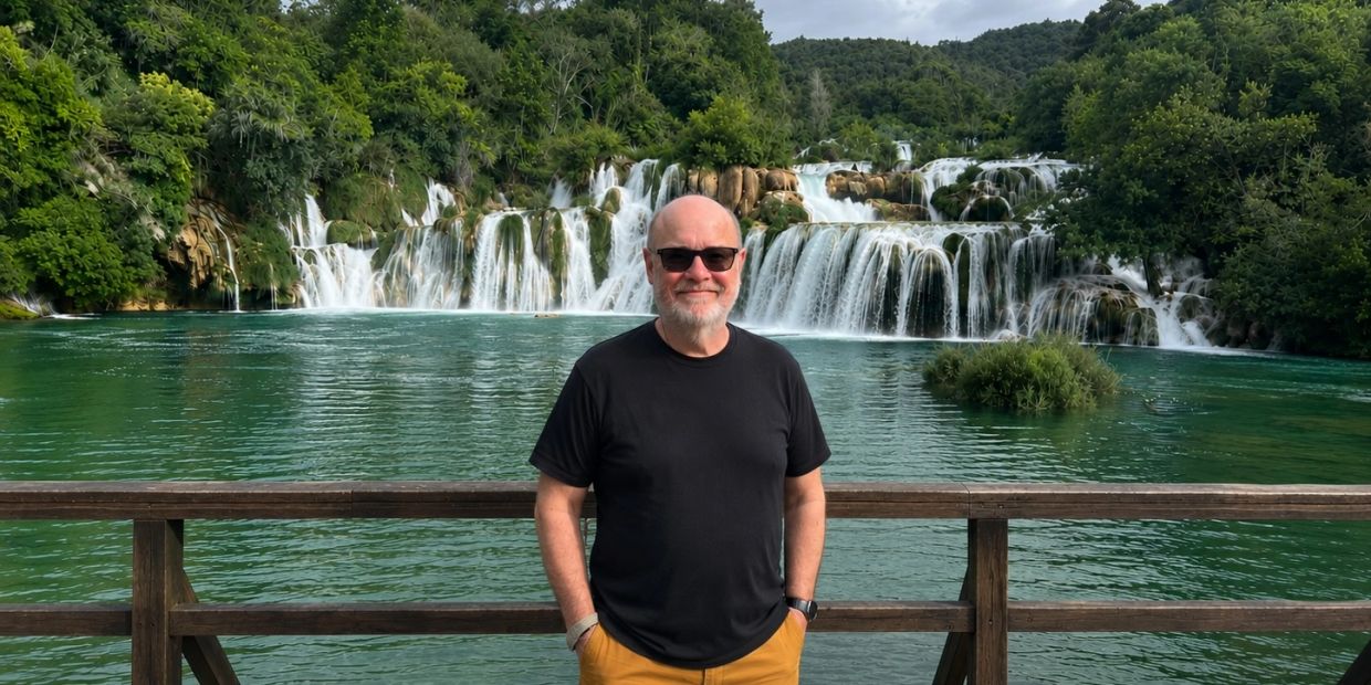 Man standing on a bridge with a waterfall in the background.
