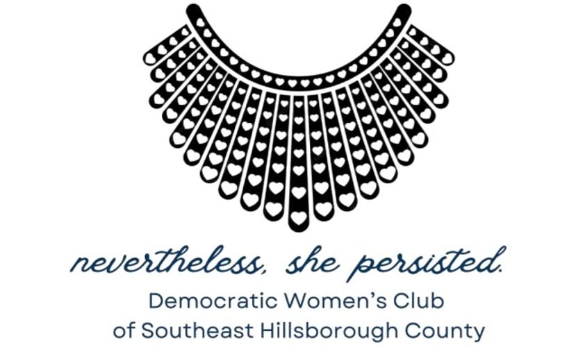 Logo with a collar design and phrase 'nevertheless, she persisted.'