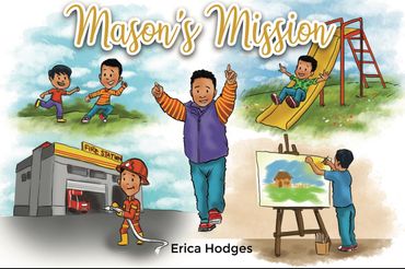 Illustrated children’s book cover with Mason playing, painting, and dreaming.