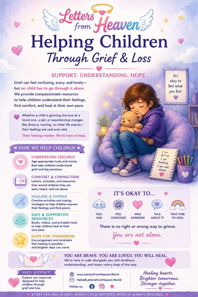 Illustrated poster offering grief support to children with comforting messages and resources.