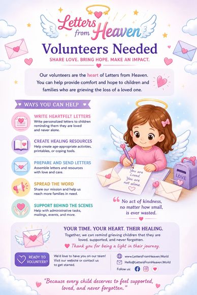 Volunteers needed for Letters from Heaven to help grieving children with heartfelt letters and support.