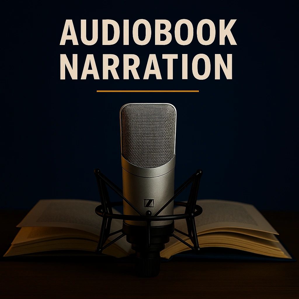 Sennheiser MK 4 mic with open book on wood desk for audiobook narration voice over services