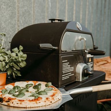 outdoor Pizza oven with a pizza and Basil