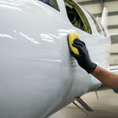 Person polishing a white airplane with a yellow sponge wearing black gloves.