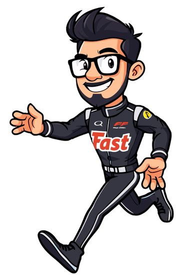 Cartoon of a smiling man in a racing suit running energetically.