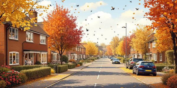 A peaceful autumn street with colorful trees and people looking out from houses.