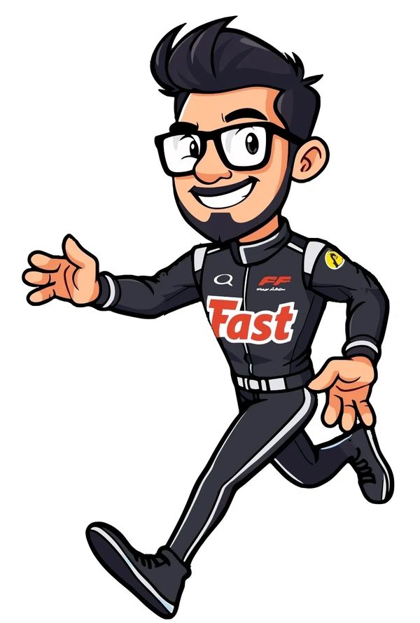Smiling cartoon racer in black suit running with enthusiasm.