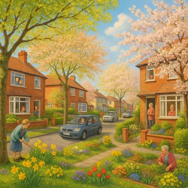 A peaceful neighborhood with blooming flowers and people tending gardens on a sunny day.