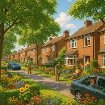 Sunny suburban street with neighbors gardening and chatting beside brick houses.