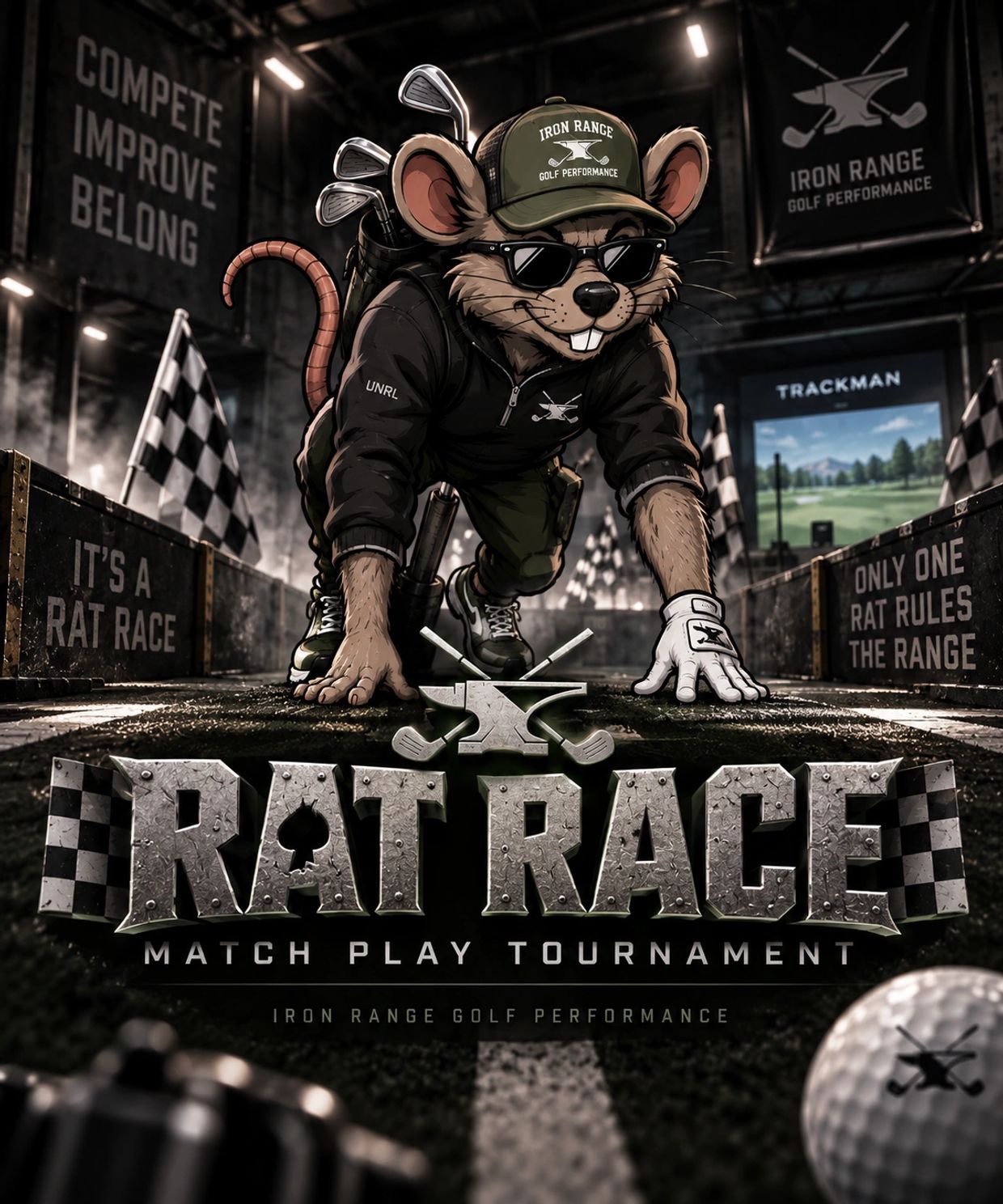 Cartoon rat preparing for a golf race in a match play tournament.