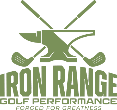 Logo with an anvil and crossed golf clubs.