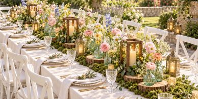 Elegant outdoor table setup with flowers and lanterns.