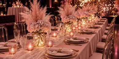 Elegant table setting with pink floral arrangements and warm lighting.