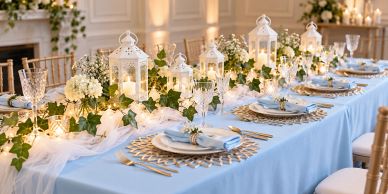 Elegant wedding reception table decorated with lanterns and flowers.