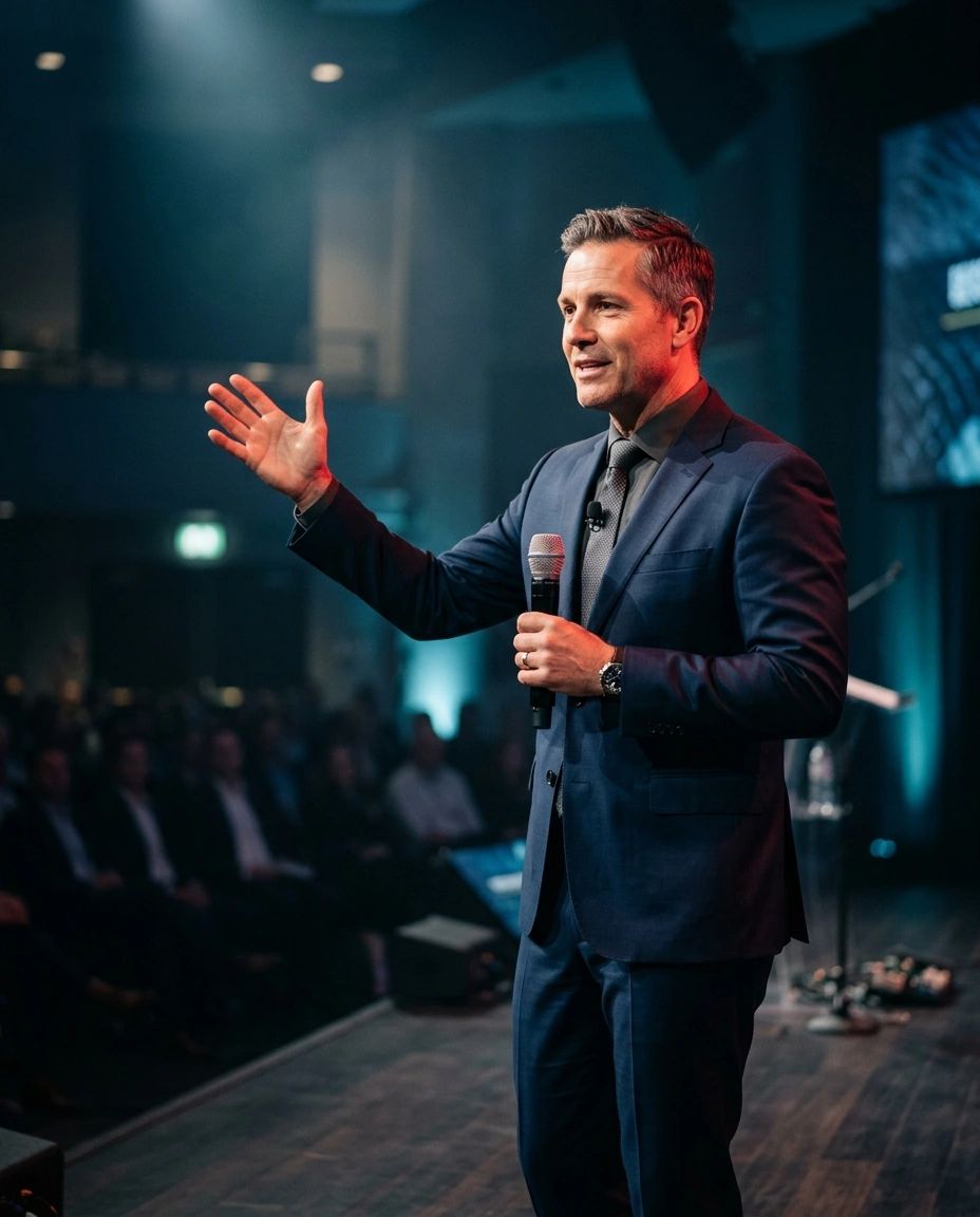 A speaker addressing an audience on stage