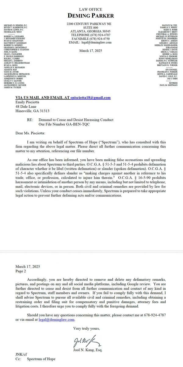 Legal cease and desist letter from Deming Parker law firm to Emily Pisciotta.