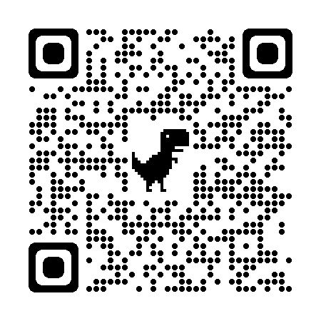 A black and white QR code with a pixelated dinosaur in the center.