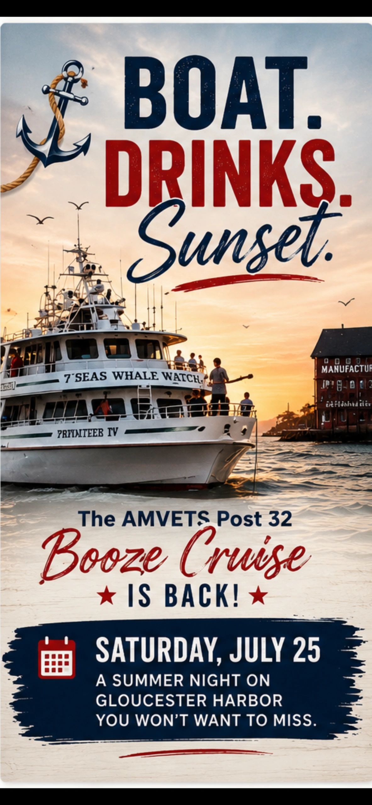 Join us Saturday 7/25 for our annual booze cruise on the 7 Seas Whale Watch.
