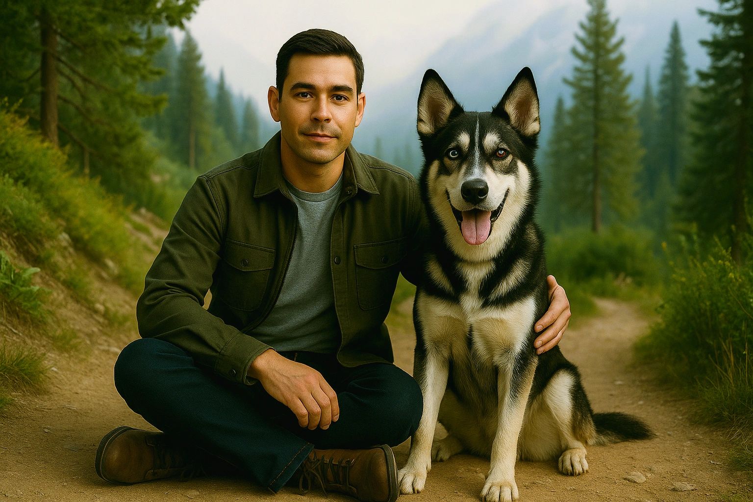 Rick smiling with his Husky-Shepherd Elle on a forest trail, symbolizing strength and companionship