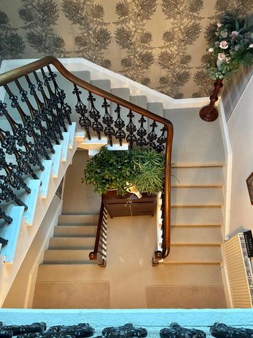 Elegant carpeted staircase with ornate railings and greenery.