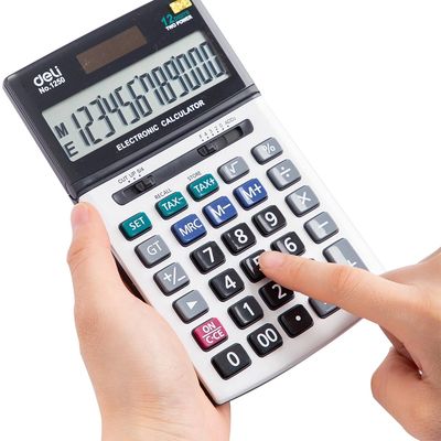 Hands using a deli No.1250 electronic calculator with a 12-digit display.