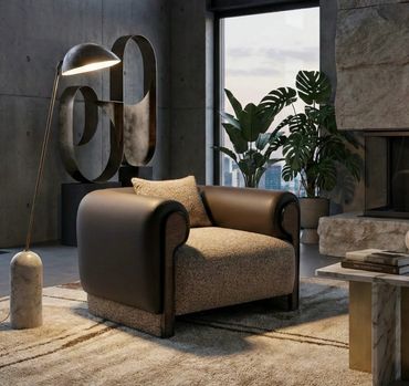 Cozy modern armchair in a stylish living room with large windows and indoor plants.
