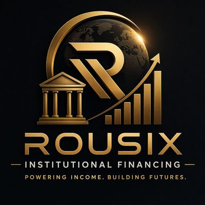 Gold-themed Rousix logo with financial symbols and global backdrop.