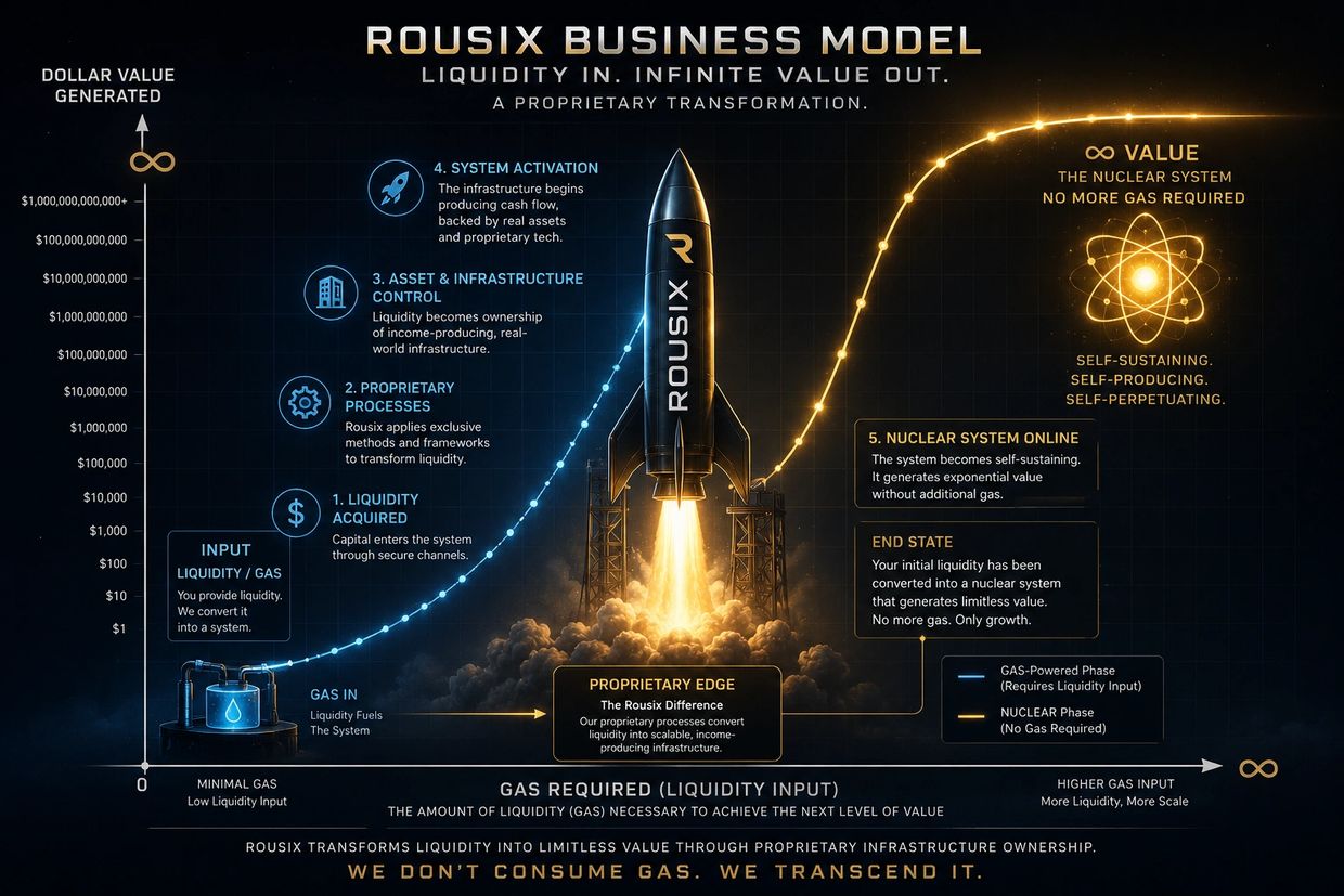Rousix Business Model shows transformation of liquidity into limitless value via proprietary infrastructure.