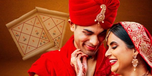 A joyful Indian couple in traditional wedding attire with astrological charts in the background.