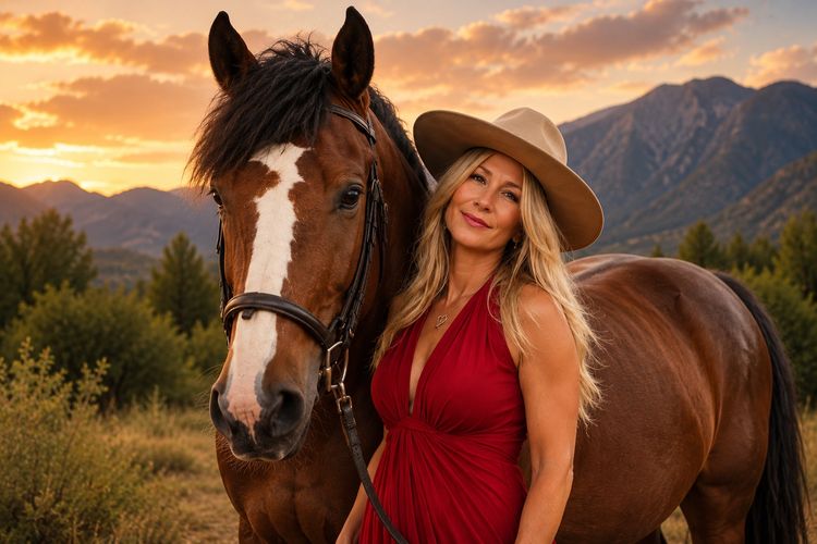 Woman in a red dress poses with a horse at sunset.