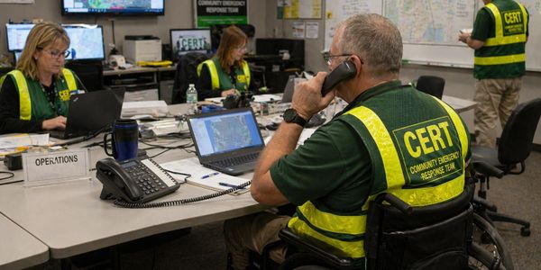 CERT team members coordinate emergency response in a command center.