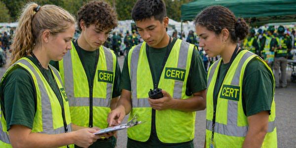 Four CERT volunteers in reflective vests review a clipboard outdoors.